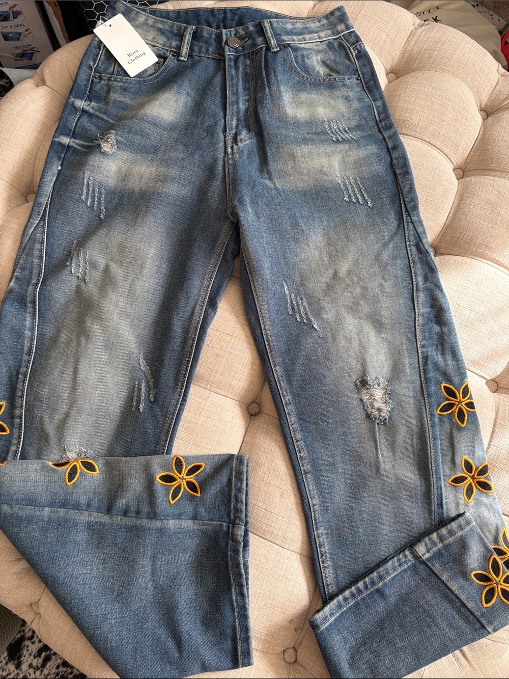 Embellished Distressed Blue Boyfriend Jeans with Yellow Flower Appliqué